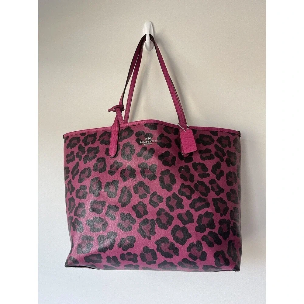 SOLD Coach Tote Bag Pink Purse + Matching Wristlet Cheeta Print Vegan Leather - Picture 2 of 10